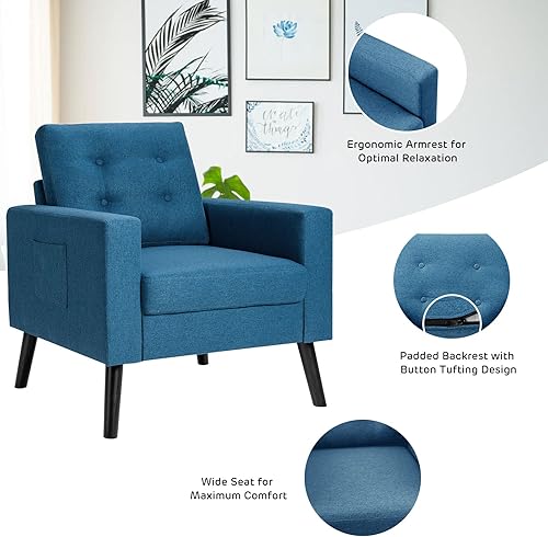 Miniatura 15 de KOMFOTT Silla decorativa tapizada moderna, con botones y patas de madera de goma, sofá individual con bolsillos laterales, sillón decorativo de tela