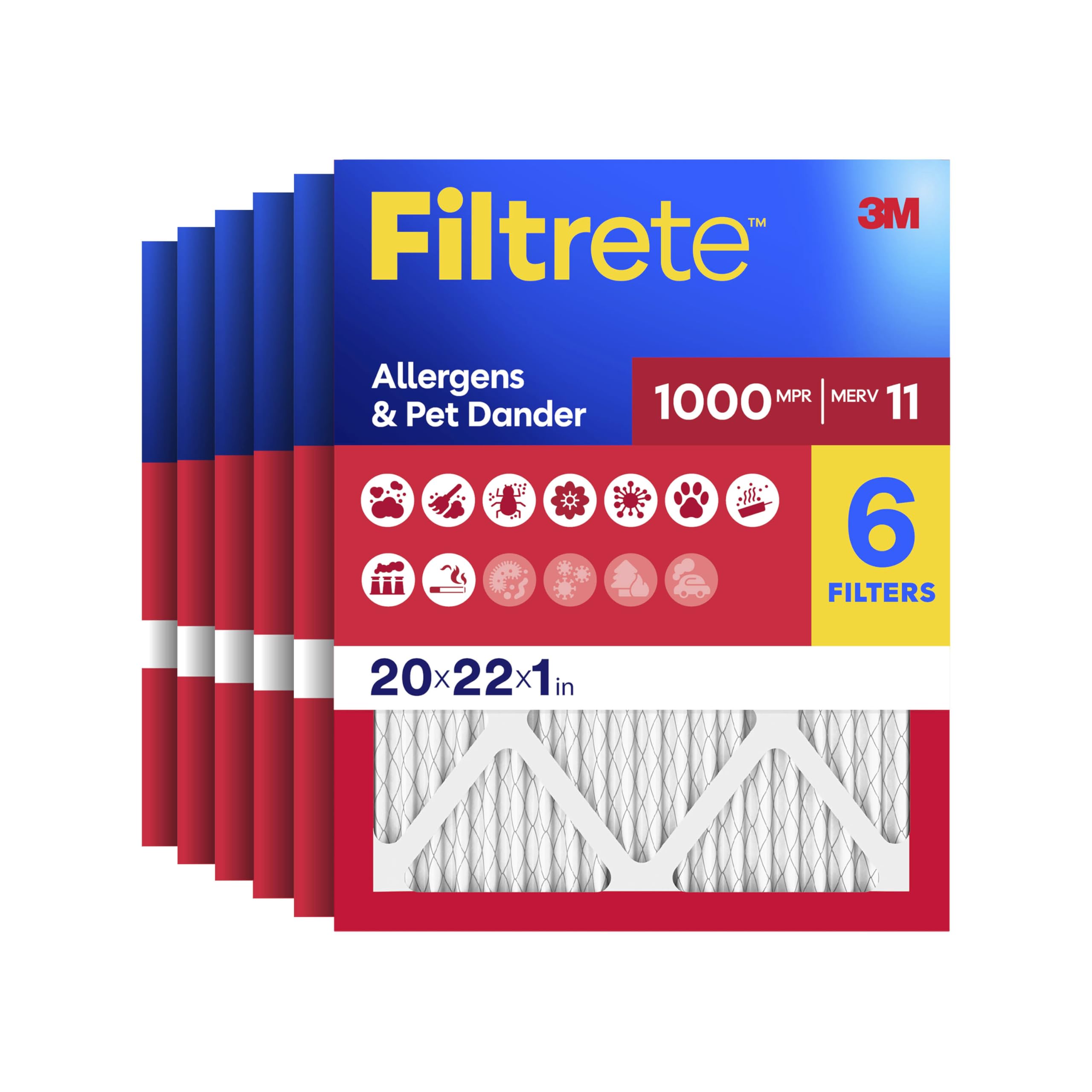 Filtrete 20x22x1 AC Furnace Air Filter, MERV 11, MPR 1000, Micro Allergen Defense, 3-Month Pleated 1-Inch Electrostatic Air Cleaning Filter, 6 Pack (Actual Size 19.81 x 21.81 x 0.81 in) — image 1
