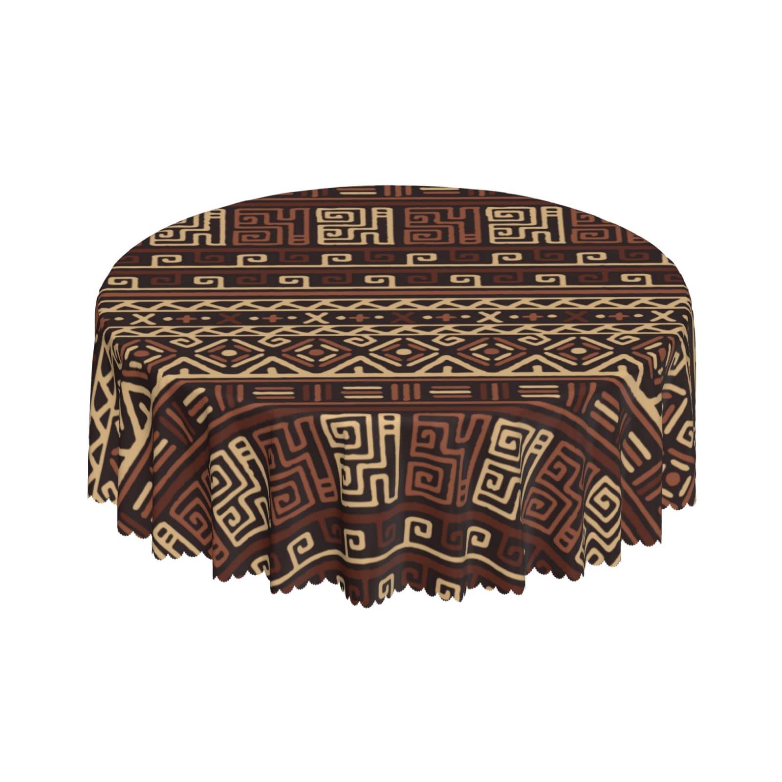 Lsjuee Tribal Ancient Spiral Geometric Brown Vintage Round Tablecloth 60 Inch Printed Washable Tablecloth for Dining Party Holiday Fall Home Decorative