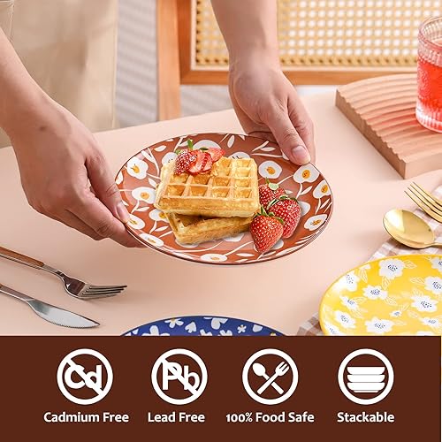 Miniatura 4 de Juego de platos de cerámica para ensalada, platos de postre coloridos de 8 pulgadas, juego de 6 platos de porcelana para aperitivos, platos de