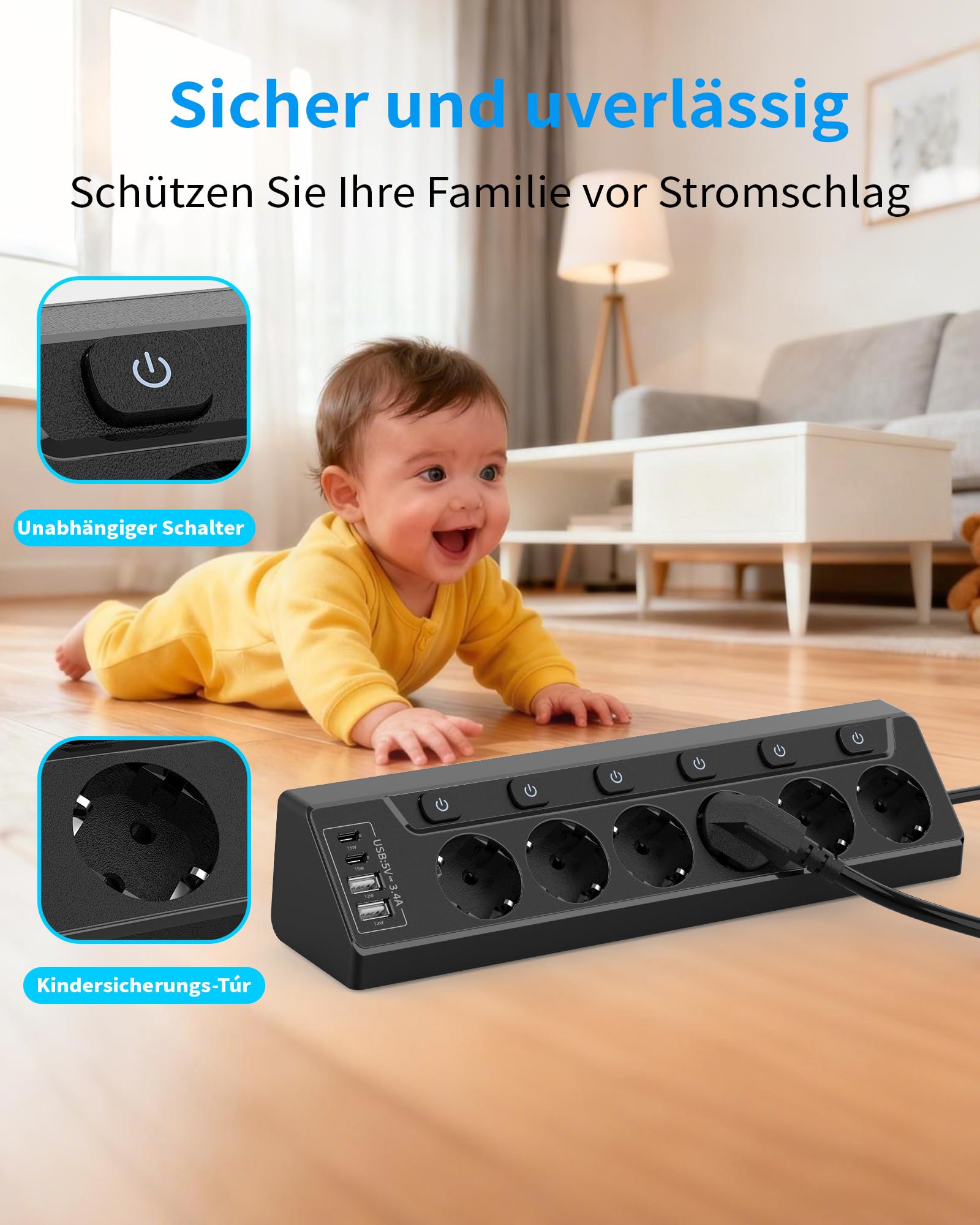 Ciabatta elettrica commutabile singola, presa multipla a 6 prese, con 4 porte USB (3680 W, 16 A), presa da tavolo 10 in 1 con cavo da 2 m, per casa e ufficio (nero)