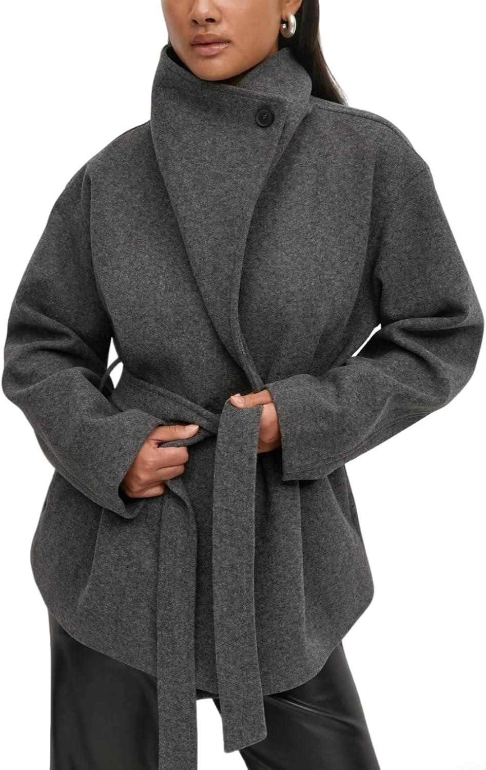 CHARTOU Women Wool Blend Pea Coat Fall Winter Oversized Lapel Shawl Collar Midi Trench Overcoat with Belt