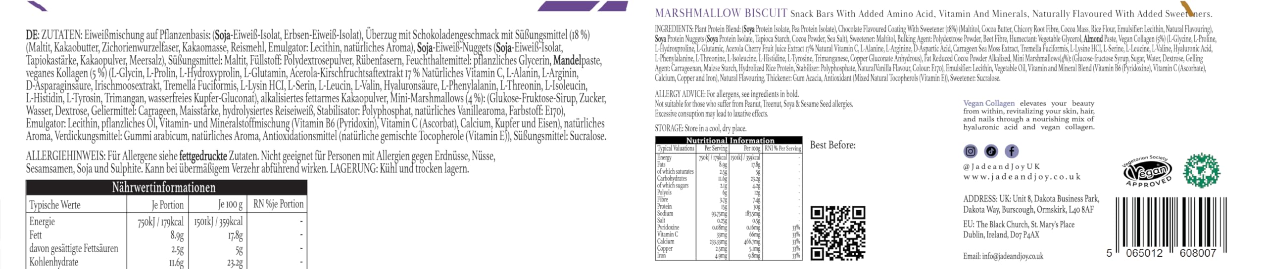 Jade & Joy Collagen Protein Riegel, Marshmallow Biscuit, 2,5g pflanzliches Kollagen, 15g Protein, wenig Zucker, Aminosäuren, glutenfrei, milchfrei, 12x50g