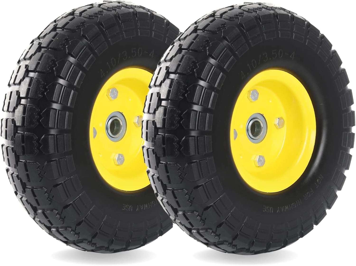 (2-Pack) 10-Inch Solid Tire Wheels - Replacement 4.10/3.50-4" Flat Free Tires and Wheels with 5/8" Axle Bore Hole Bearings, 2.17" Offset Hub -Perfect for Hand Truck, Wheelbarrow, Gorilla Carts Yellow