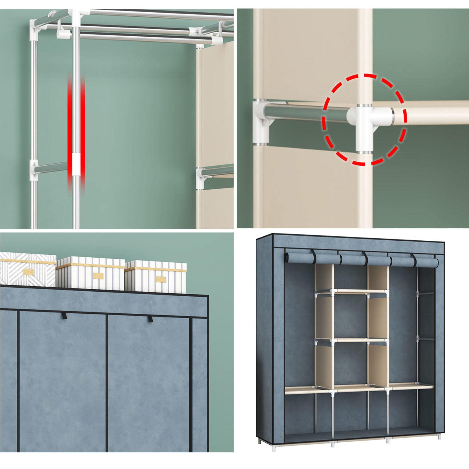 Kleiderschrank, tragbarer Kleiderschrank aus Segeltuch, Stoff-Kleiderschrank, Aufbewahrungsorganisator mit Kleiderstange, Regale, für Schlafzimmer, Wohnzimmer,C-118x45x165cm