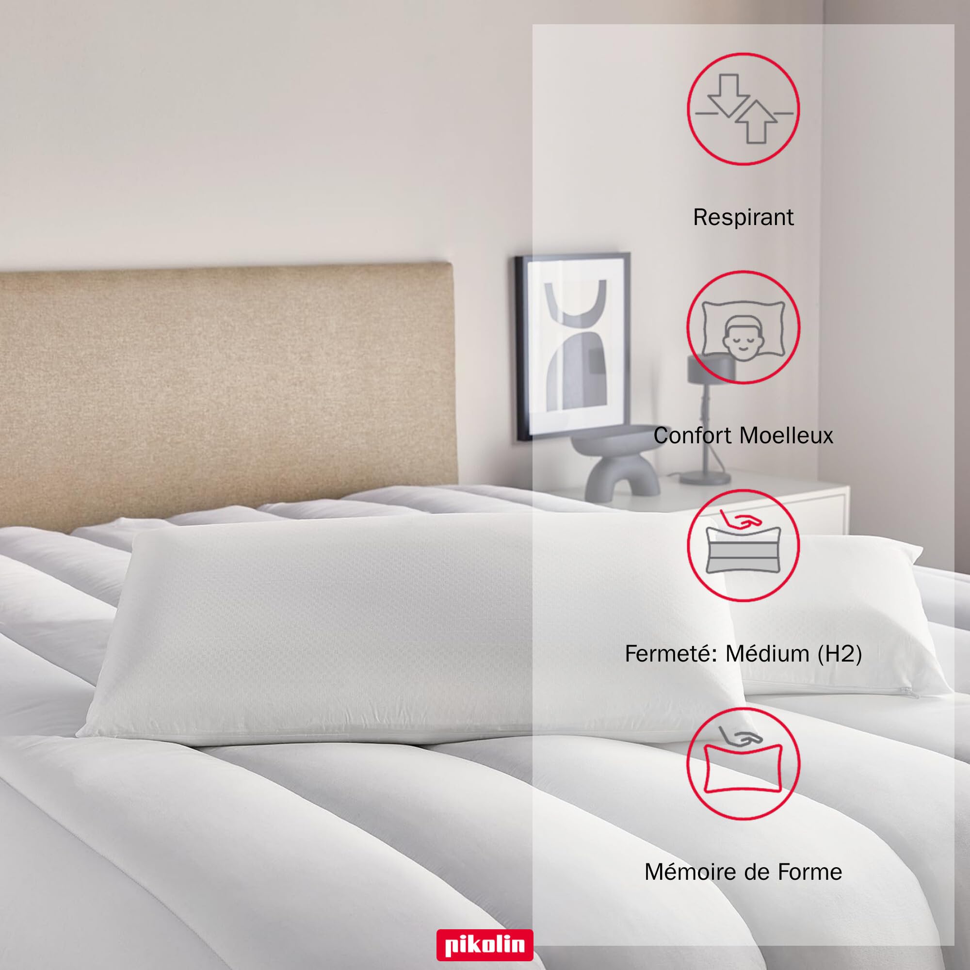 PIKOLIN Oreiller Mousse à Mémoire de Forme 70 cm, Qualité Hôtel - Adaptabilité Cervicale et Hypoallergénique - Fermeté Moyenne pour Toutes les Positions - Double Taie Respirante et Douce