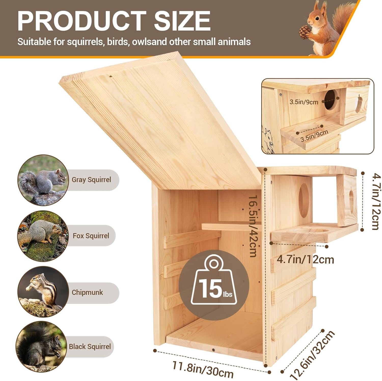 Large Squirrel House for Outside, Premium Pine Wood Squirrel House with External Platform, Large Squirrel Nesting Box for Squirrels Chipmunks and Small Animals