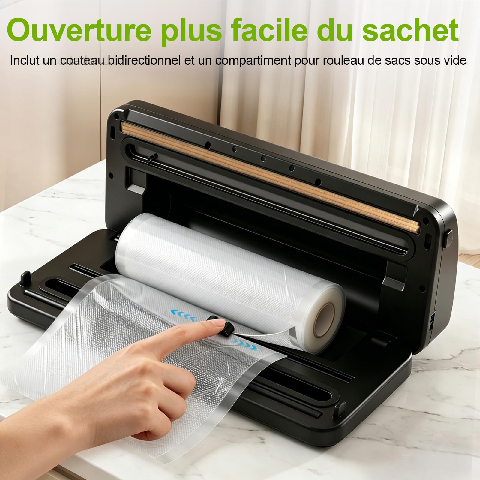 Machine Sous Vide Alimentaire, Automatique Secs et Humides Appareil de Mise Sous Vide, Machine vide Appareil Professionnel avec Cutter intégré, 20 sacs sous vide, 1 sac enroulable et Tube Sous Vide