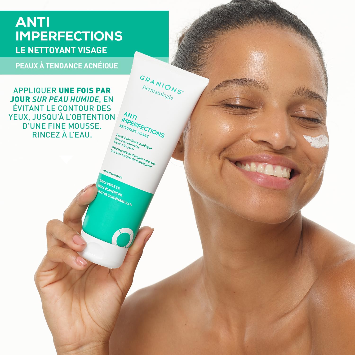 GRANIONS Nettoyant Visage Anti Imperfections - Nettoie, Hydrate & Purifie | Elimine les Impuretés & l’Excès de Sébum - Argile Verte, Argile Blanche, Vitamine C - Pour l'Acne - Résultats Prouvés - 150g