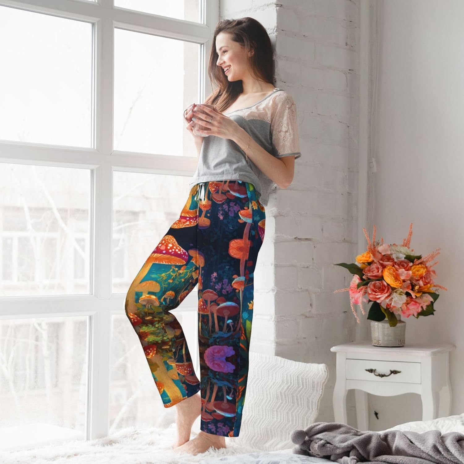 Mushroom Print Cozy Christmas Pajama Pants,Flannel Pajama Bottoms,Cater To Various Body Types