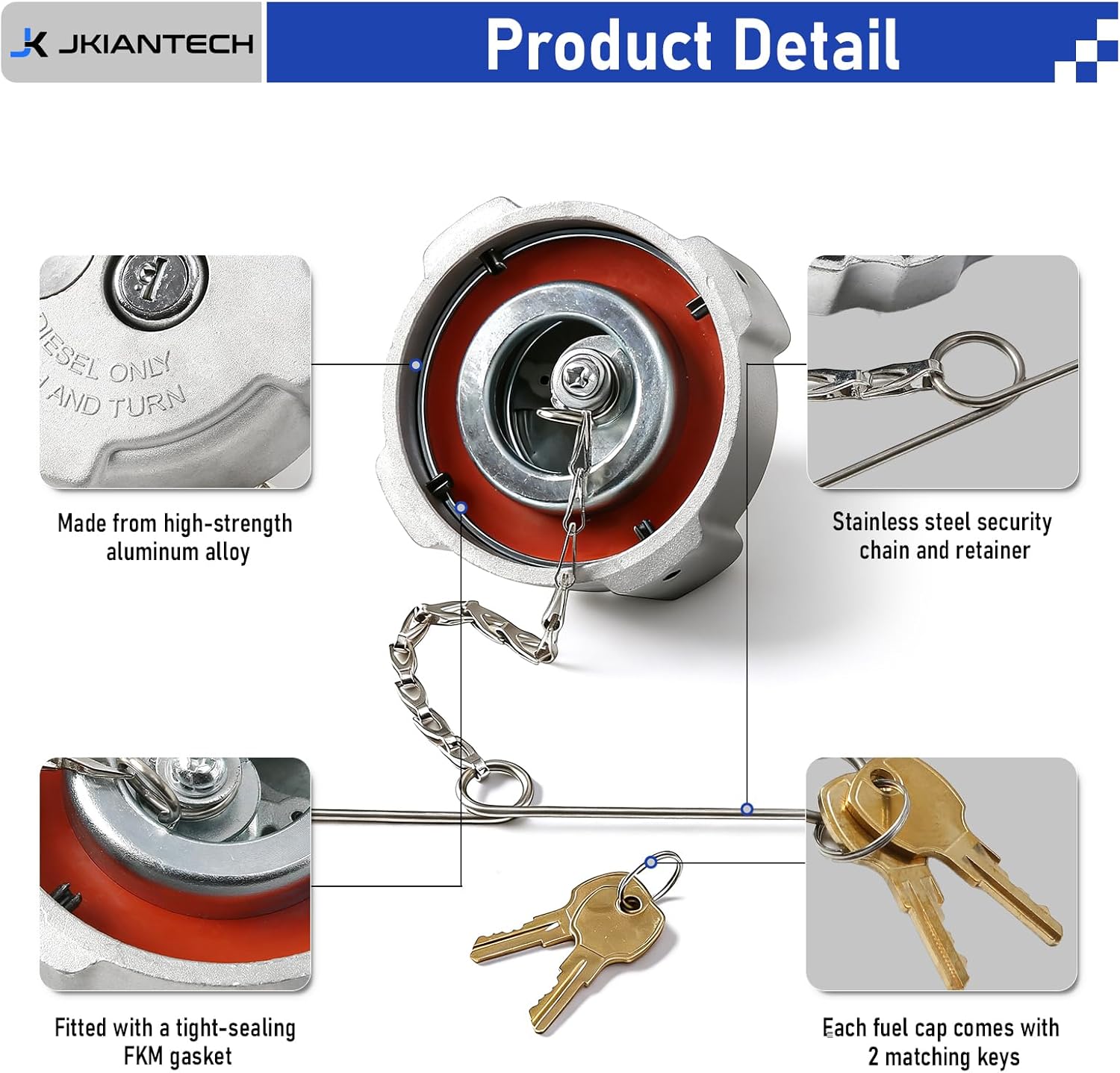 Locking Fuel Cap, 3" Aluminum Diesel Fuel Tank Cap with Keys, 1/4 Turn, Compatible with Freightliner Cascadia/Columbia/Century/Coronado/M2-112, Replaces 03-37017-002, 0337017002, 600149