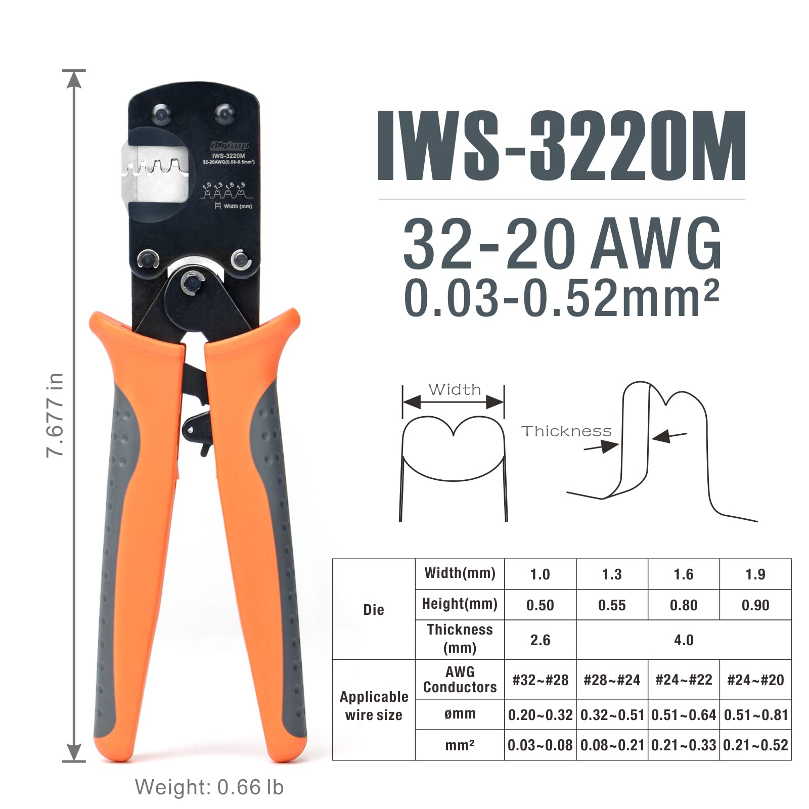 Image secondaire de iCrimp IWS-3220M Pince à Sertir à Cliquet 0,03 à 0,5 mm² Pour D-sub, à Baril Ouvert Pour Conventions Molex, Jst, Jae