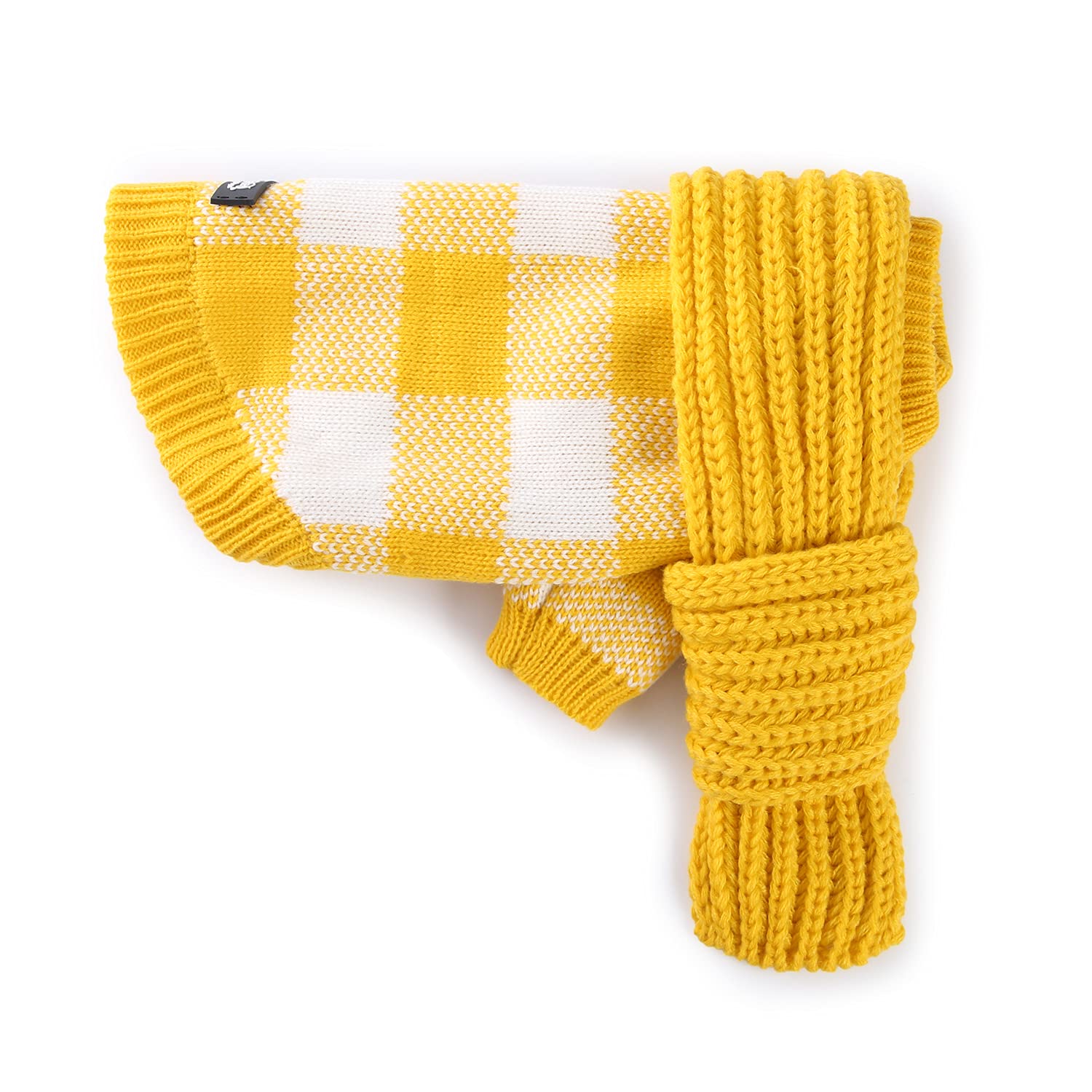 United PupsSoft Warm Winter Doggie Plaid Sweater with Scarf for Small Medium Puppy Dogs (Large, Chill Pups Yellow)