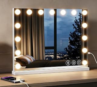 HollywoodSchminkspiegel mitBeleuchtung,58x45CM mit 15 Lampen,DREI Farben Licht, einstellbare Helligkeit, Hollywood Schminkspiegel, intelligenter Berührungsschalter, mit Speicherfunktion