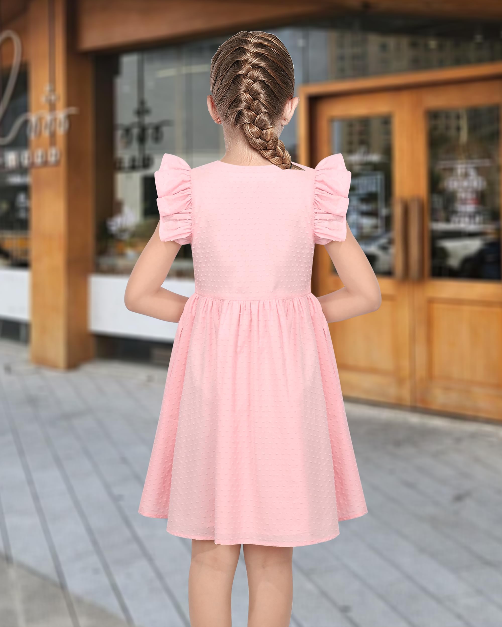 Sunny Fashion Vestido para niña Sonrojo Botón Frontal Punto Suizo Volante Fruncido Manga del Casquillo Cuello en V Boda Verano Casual 6-12 años