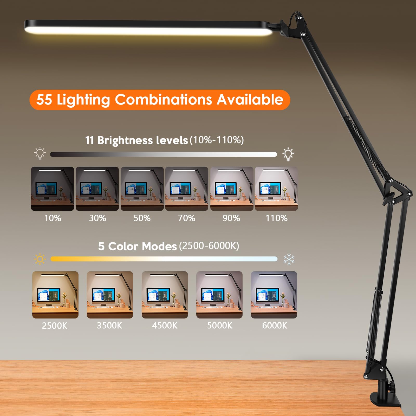 BIENSER New LED Desk Lamp with Clamp, 11 Brightness Levels, 5 Color Modes, 45min Auto Timer, Bigger Swing Arm - Image 3