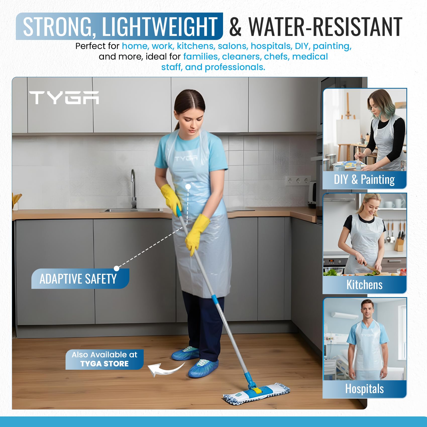 TYGA Store | 200 tabliers blancs jetables sur un rouleau – Tablier facile à distribuer pour médical, nettoyage, peinture, coiffeurs, pâtisserie et chefs – EPI (rouleau de 200) (1)