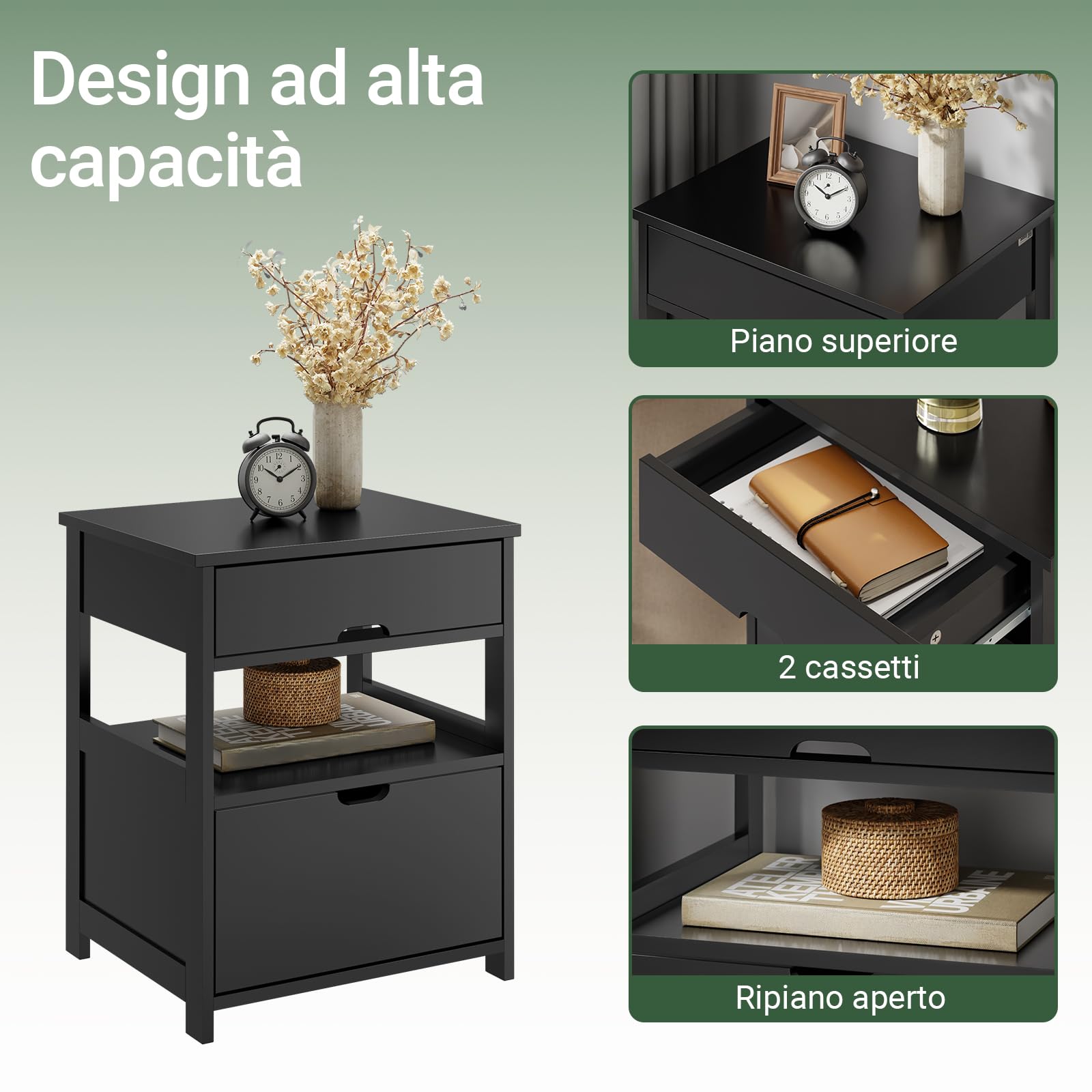 SoBuy Comodino Camera da Letto - Comodino con 2 Cassetti e 1 Ripiano, Tavolino Salotto - Moderna Cassettiera L45 x P38 x A55 cm Nero FRG258-SCH