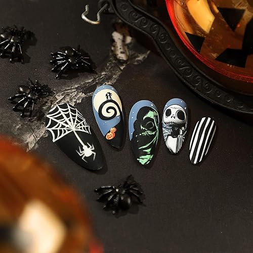 Miniatura 3 de Uñas postizas medianas a presión en forma de almendra de Halloween, con diseño de luna y fantasma, verde fantasma, líneas blancas y negras, uñas con