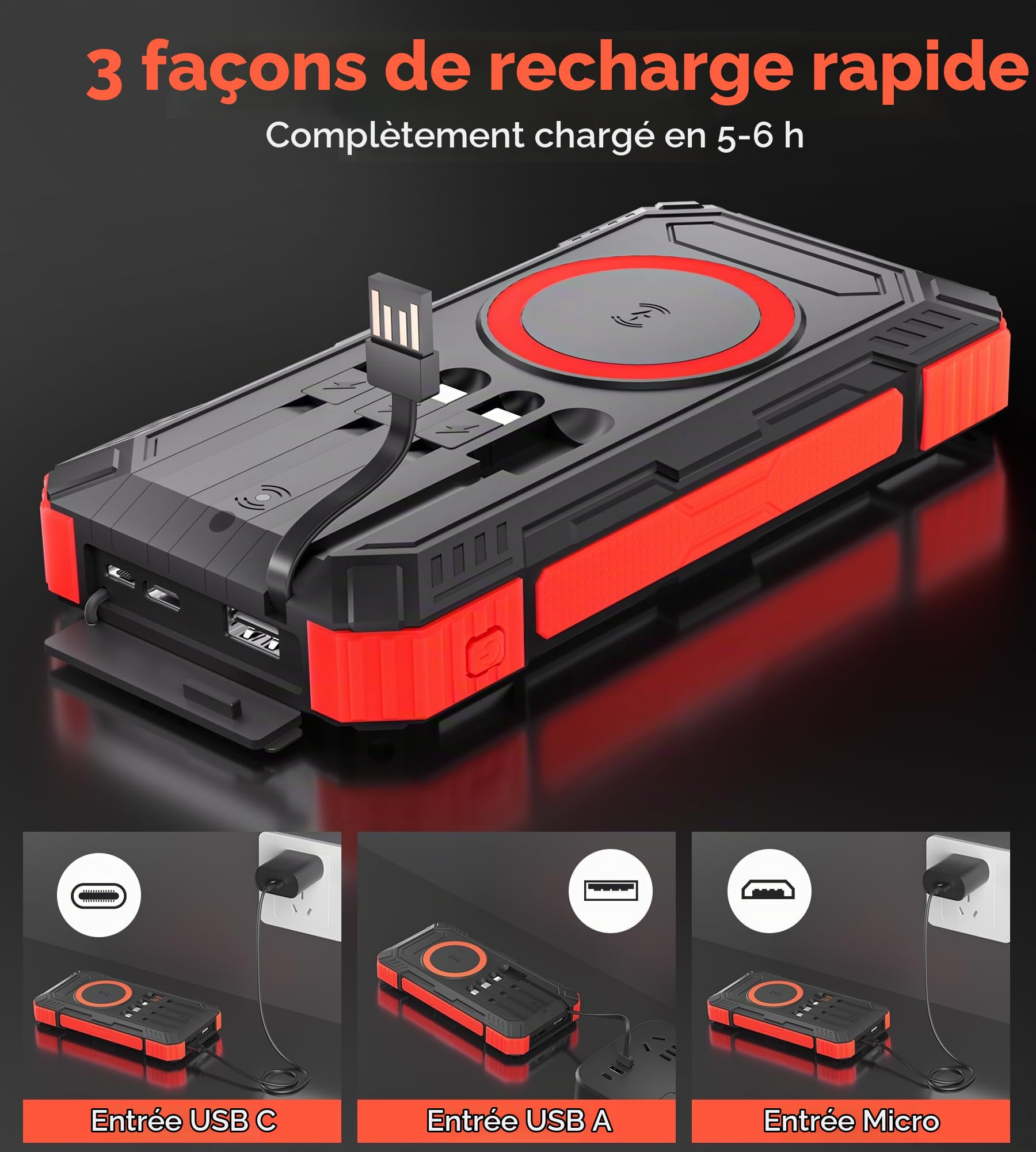 Batterie Externe Solaire 56800 mAh, Banque d'alimentation Solaire ExtéRieure éTanche LivréE avec 5 Sorties, 3 EntréEs, Lampe De Poche, Mousqueton, Boussole Qc 30 Et USB C Pd 20w pour TéLéPhones