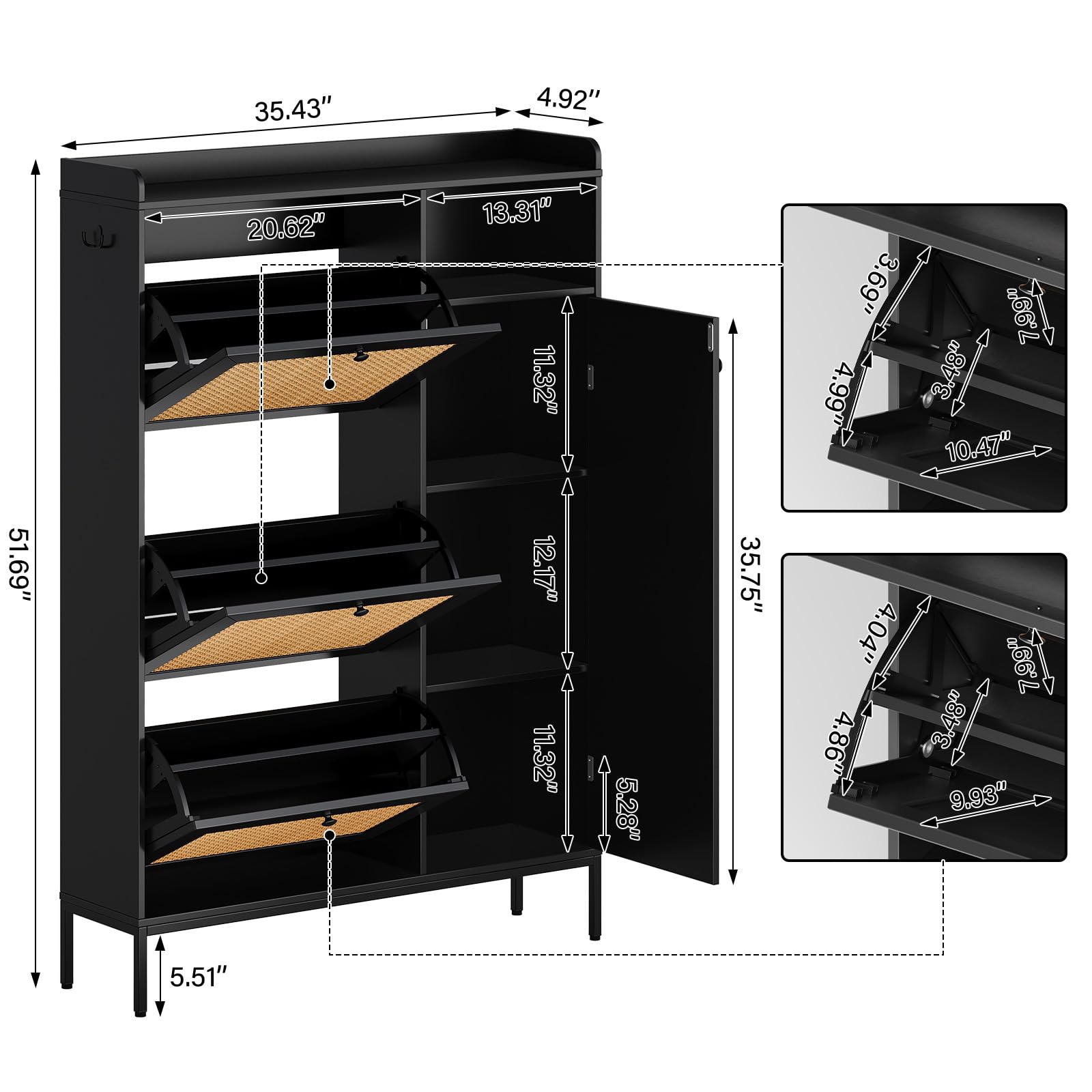 Mueble Zapatero de Ratán de 3 Niveles con Puerta Basculante, 3 Cajones Abatibles, Estantes Ajustables y Compartimentos Abiertos, Zapatero Entrada Recibidor Estrecho con Una Valla en la Parte Superior