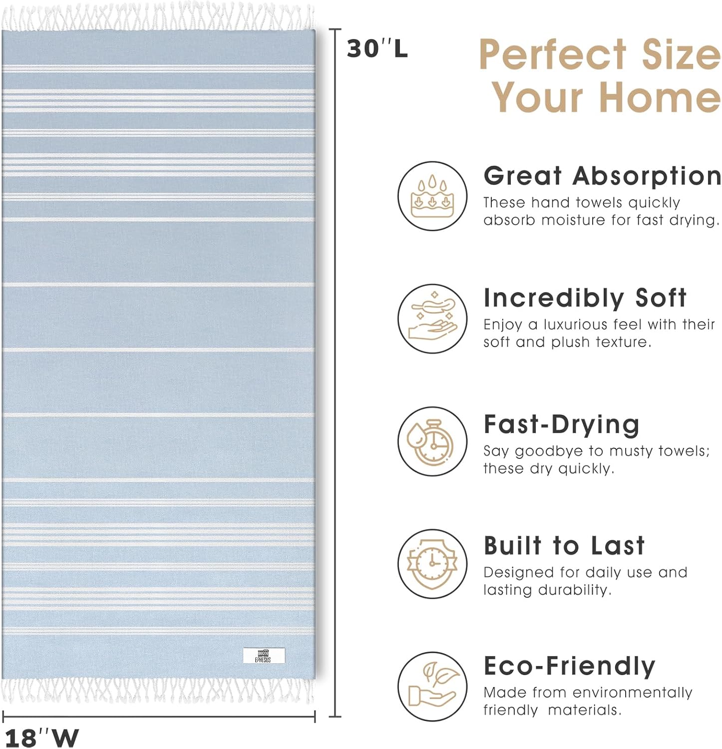 Turkish Hand Towels - Set of 2 | 18" x 30" Decorative Boho Guest Bath Towel for Bathroom, Kitchen, Face, Hair, Tea, Dishcloth (Sultan, Baby Blue) - Image 3