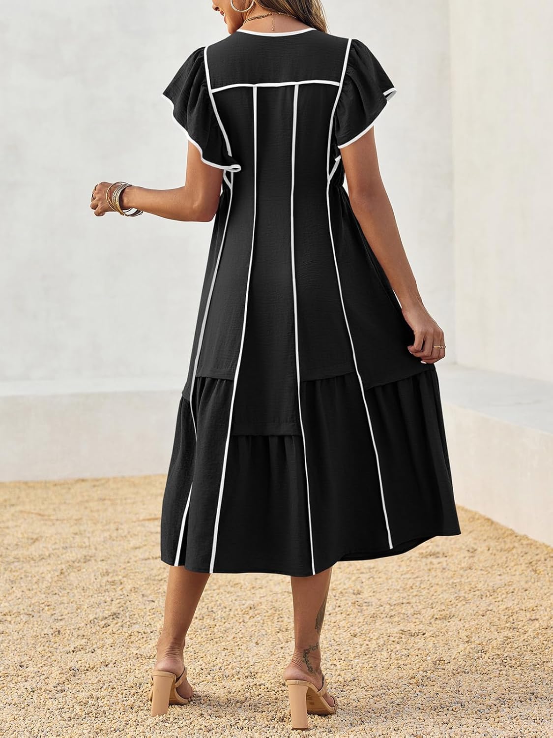 Wenrine Womens Summer V Neck Midi Dress Casual Ruffle Sleeve Contrast Color Loose Fit Flowy Long Dresses - Image 4