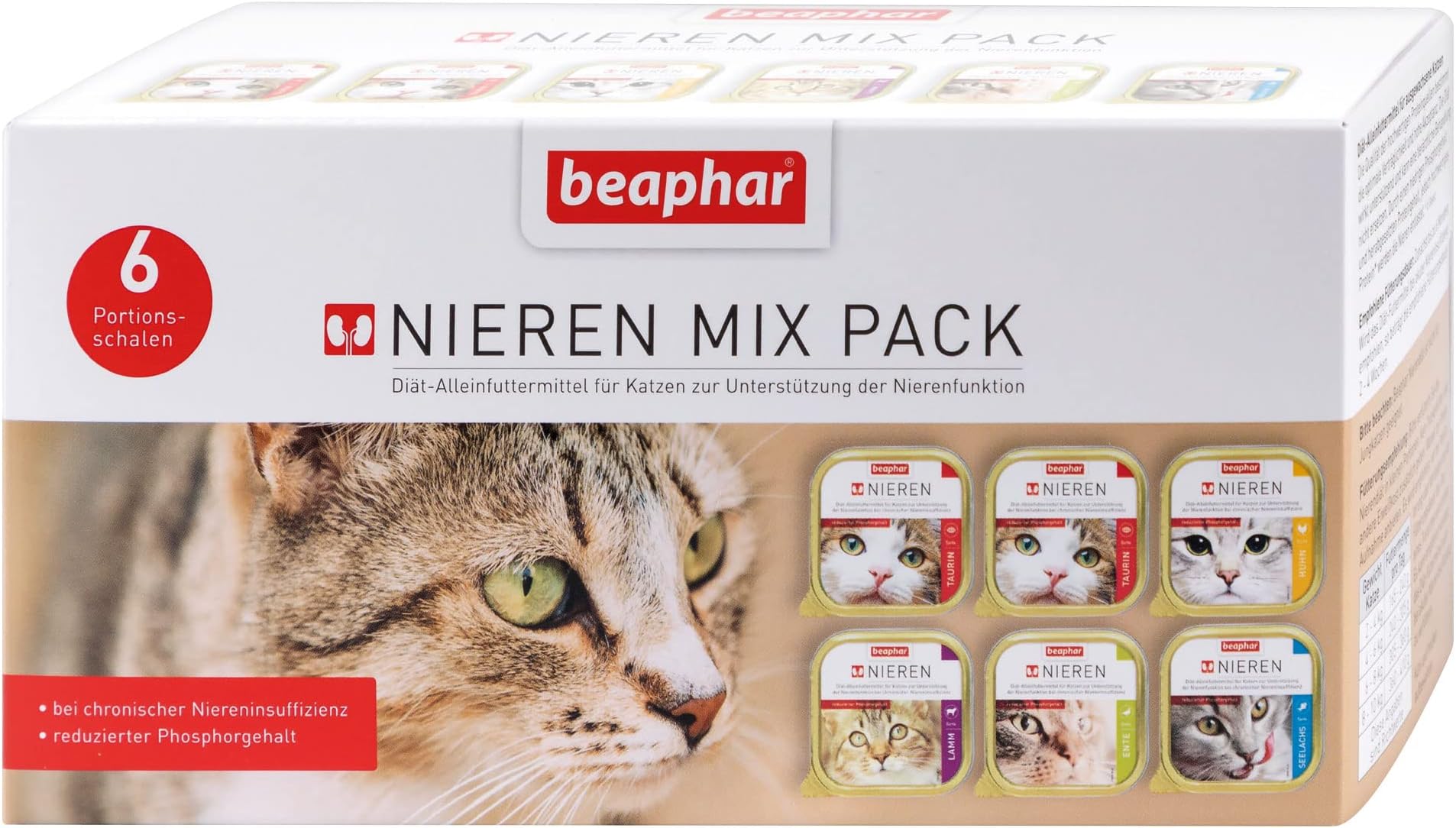 BEAPHAR - Kidney Diet Mix Pack for Cats - Diet Food - Reduced Phosphorus Content - With Valuable Salmon Oil - Supports Kidney Function - Gentle Food for Gourmets - 6 Serving Bowls x 100 g