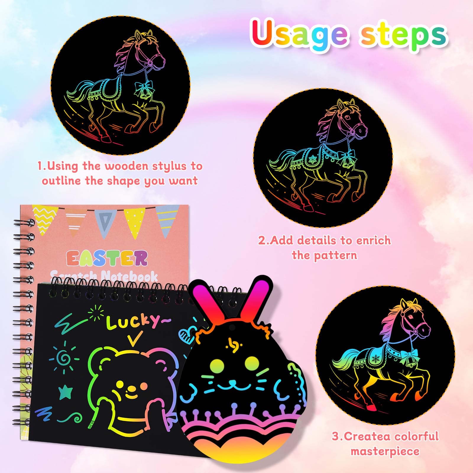 Huiguli 24 Pascua de Resurrección Libros Scratch Art Manualidades Kit con 24 Plantilla y Lápiz de Madera y Tarjeta de Rascar, Libros para Colorear Manualidades Niños, Regalos Niños Colegio Pascua — view 6