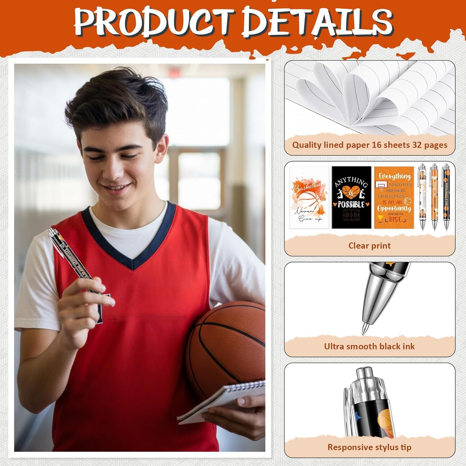 Eaasty 24 Sets Basketball Gifts Bulk Basketball Party Favors Include Ballpoint Pens Notebooks Cards with Organza Bags Set for Sport Goodie Bag Stuffers Party Supplies