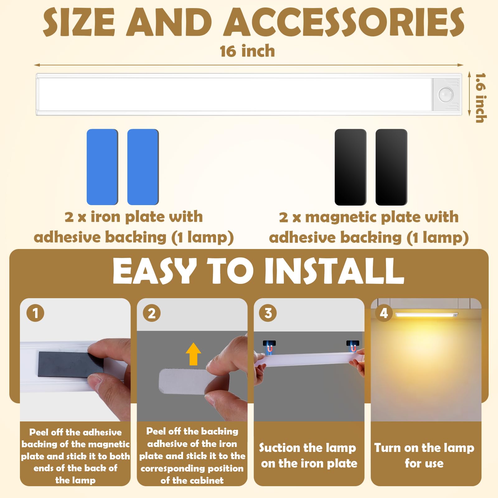 Iluminación debajo del gabinete de 16 pulgadas, 80 luces LED con sensor de movimiento, batería recargable de 1500 mAh, regulable, 3 colores de temperatura, magnética, inalámbrica, para cocina,