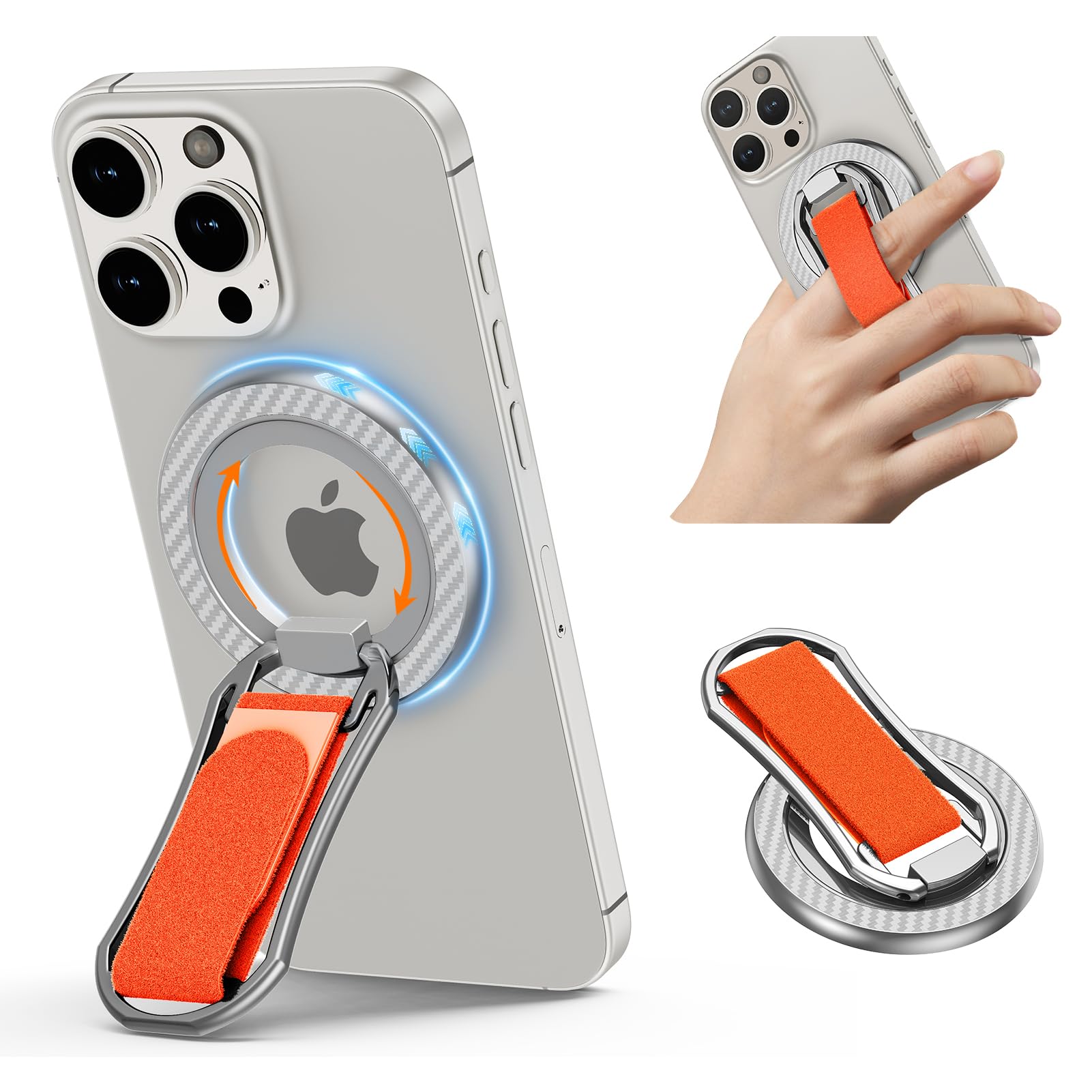 ChrisPow スマホリング MagSafeリング 片面 マグネットリング【ナイロンストラップ+超強磁力+180°折り畳み+360度回転+横/縦置き】携帯リング スマホリング マグセーフリング 磁石 マグネットリング バンカーリンググリップ スマホホルダー iPhone 16e 16 Pro Max 16 Pro 16 Plus 16 15 Pro Max 14 13 12 銀橙