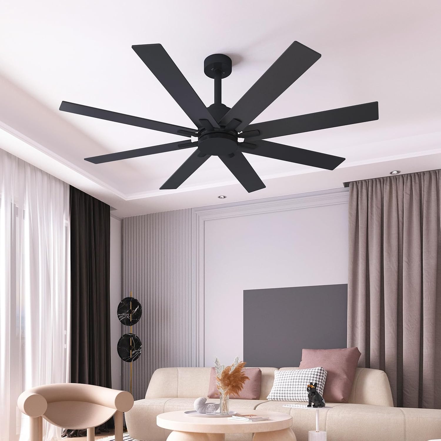 Timechee 65" Ceiling Fan with Remote, Outdoor Flush Mount Ceiling Fan with 8 Wooden Double-Sided Fan Blades & Remote Control, Quiet Reversible Motor for Bedroom, Outside, Black & Brown