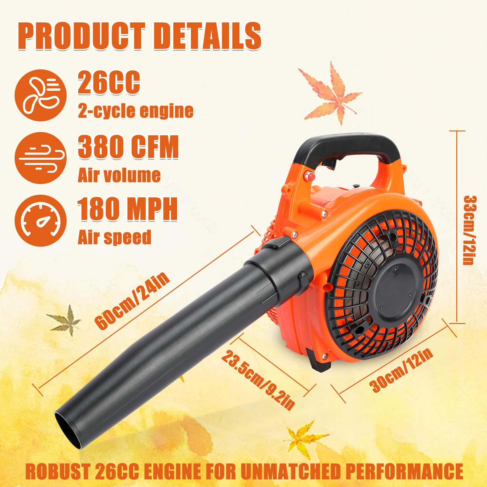 Soplador de Hojas de Gasolina, hasta 270 km/h, portátil, Ligero, soplador de Mano de 25.4cc, sin Cables, secador de jardín con Motor, Ideal para Caminos y Jardines (Naranja)