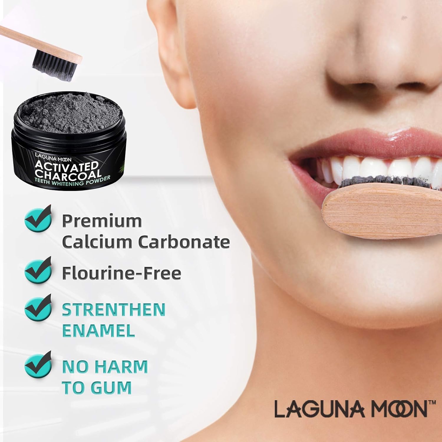 Activated Charcoal Natural Teeth Whitening Powder with Bamboo Brush by Lagunamoon- No Hurt on Enamel or Gum, Alternative to Toothpaste, Strips, Kits, Gels, Upgrade 2021 Formula, 50g/1.76oz : Everything Else