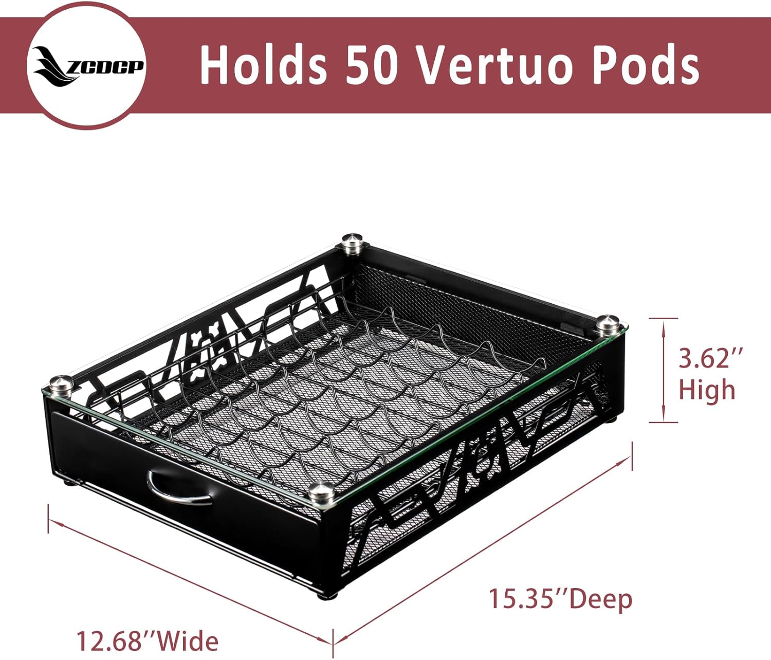 ZCDCP Pod Holder - Modern Sleek Black Metal Coffee Capsule Organizer for Nespresso Pod Storage Glass Top, Stylish Coffee Machine Stand for Coffee Bar, Office or Home Kitchen(50 Pods Capacity)