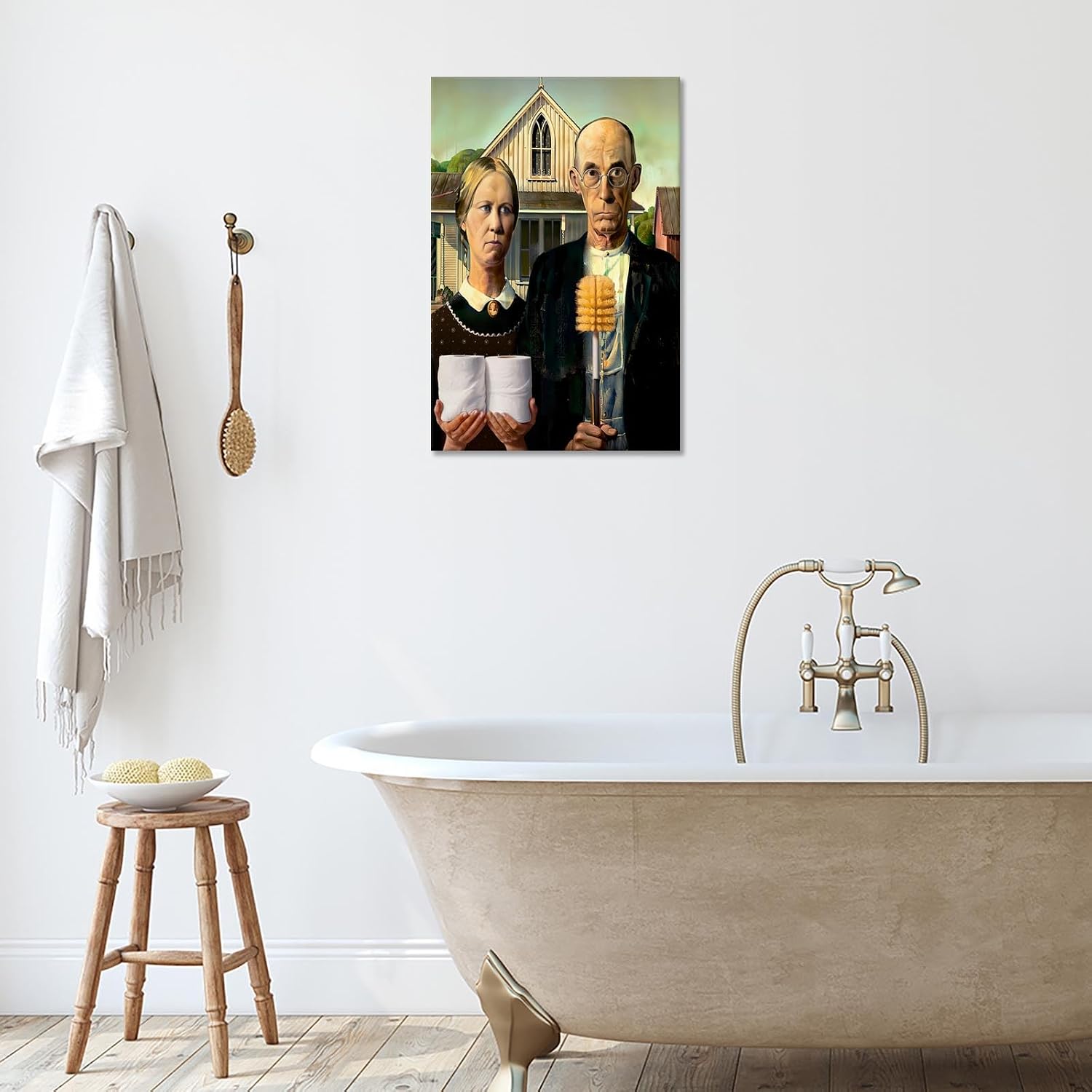 Funny Bathroom Canvas Wall Art Vintage American Gothic Toilet Poster World Famous Masterpiece Modern Home Prints Painting For Restroom Washroom Home Decoration 12x16in Wframed