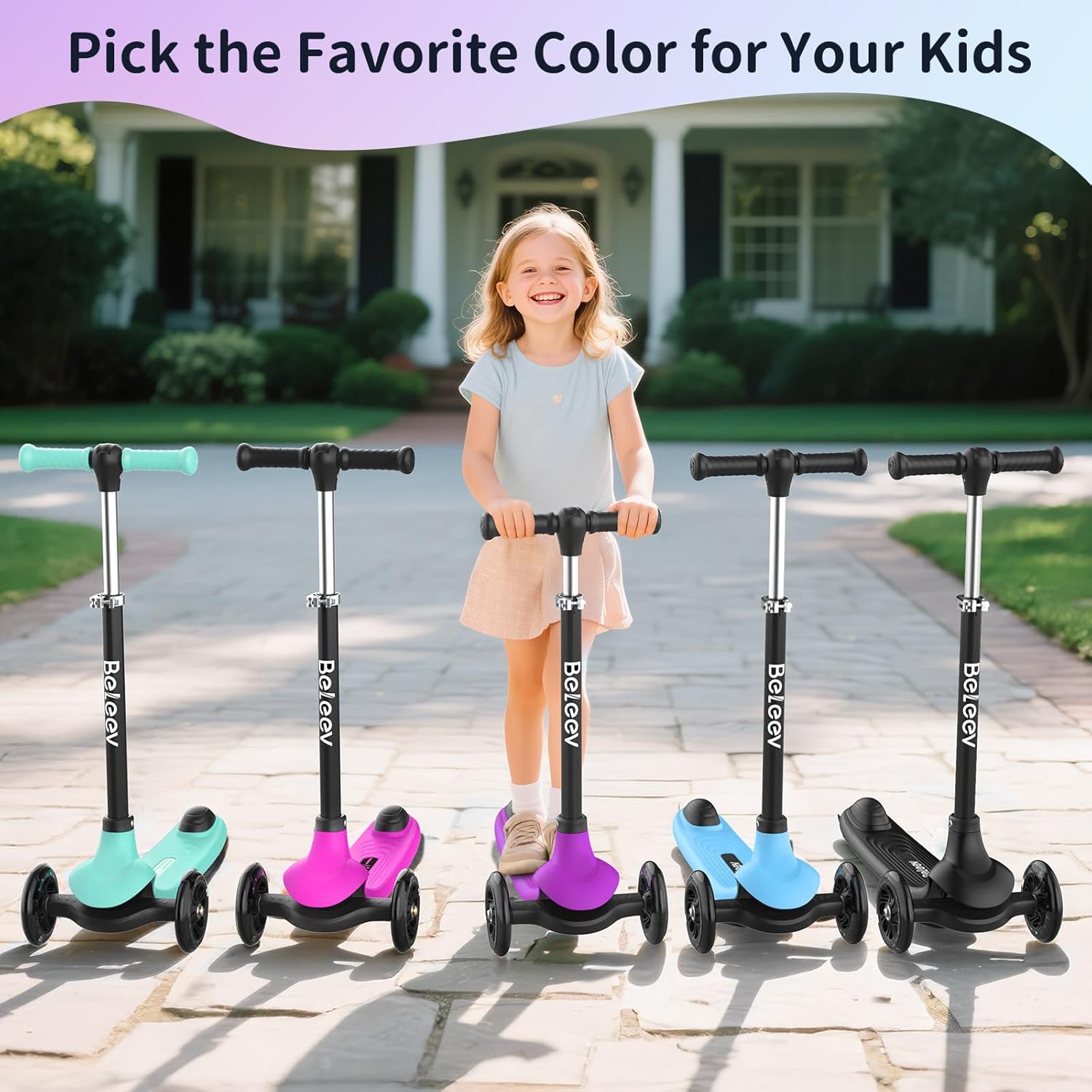 BELEEV A6 Kids Scooter with LED Light-Up Wheels & Deck, 3 Wheel Kick Scooter for Toddlers Girls Boys Ages 3-8, 4 Adjustable Handlebar, Lean to Steer, Non-Slip Deck, Lightweigh Scooter for Children