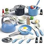 Bruvoalon 32Pcs Kids Play Kitchen Toys Set, Toddlers Pretend Cooking Playset Acccessories with Pots Pans, Utensils Cookware, Foods, Canned Veges, Learning Gift for Kids Girls Boys (Blue)