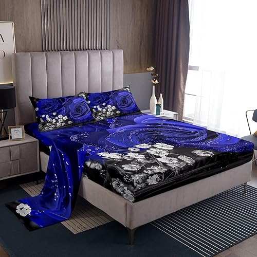 Miniatura 1 de Juego de sábanas de rosas azules 3D, tamaño King, juego de sábanas con diseño floral de rosas para parejas, mujeres, hombres, niños y niñas, ropa de