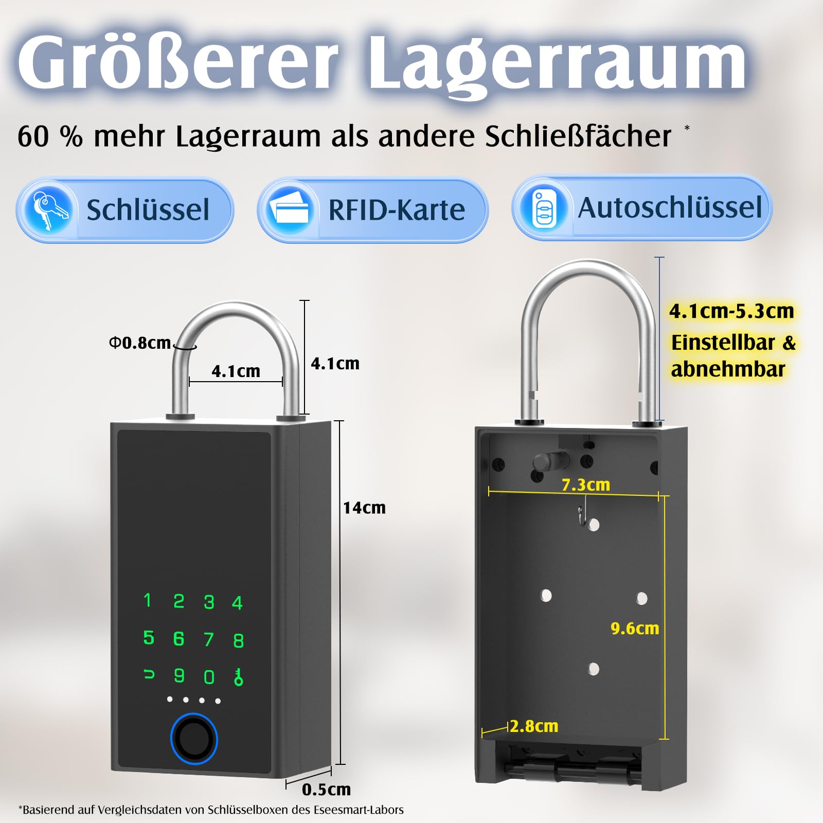 Eseesmart Fingerabdruck Schlüsseltresor mit Zahlencode, Bluetooth Elektronisch Schlüsseltresor mit Bügel Wetterfest, Großer Kapazität Wandmontierte Schlüsselbox Keyless Go Schutz Für Außen Haus Garage