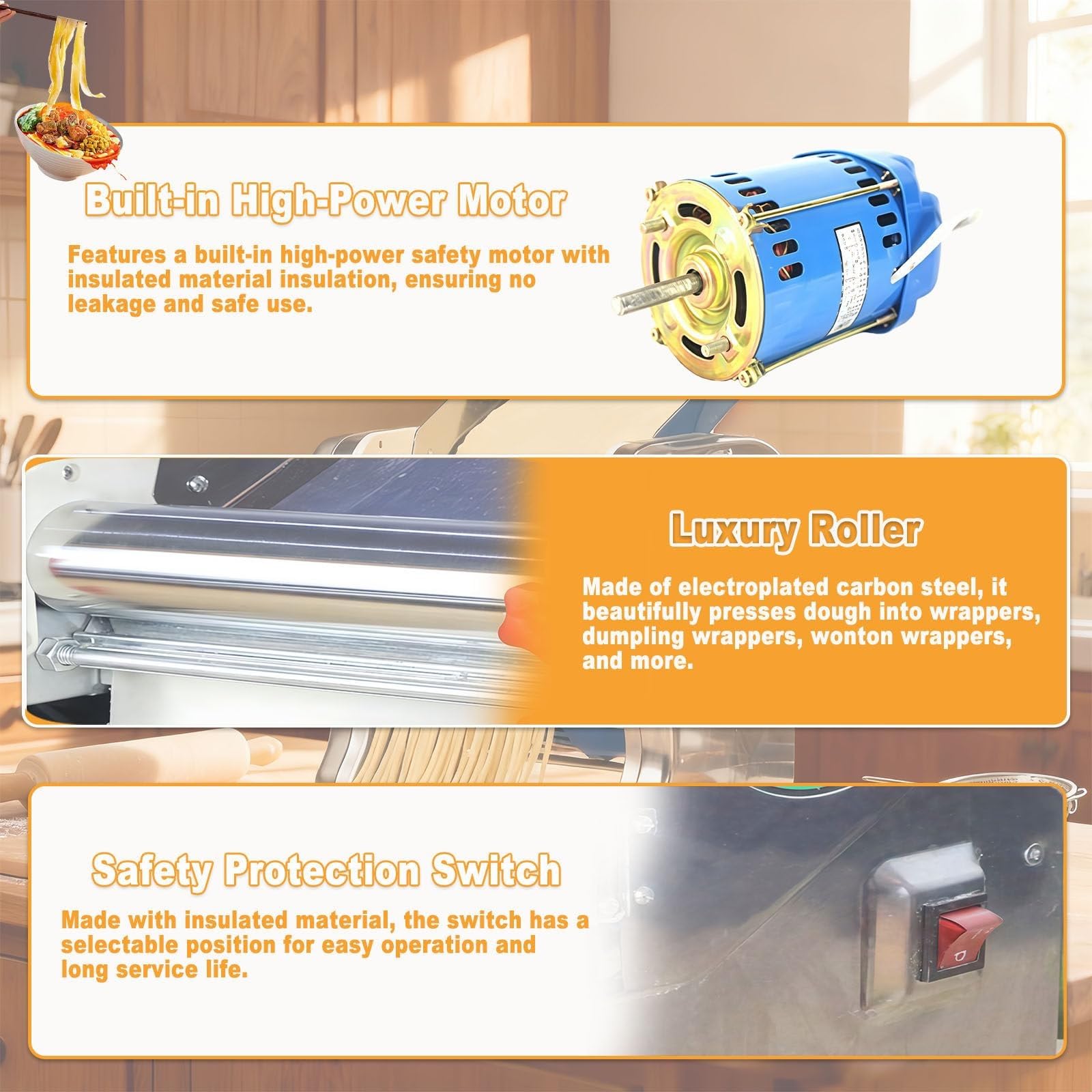 Elektryczna maszynka do makaronu – 750 W, stal nierdzewna, elektryczna maszynka do ciasta z pokrywą ochronną, prasa do ciasta i krajalnica do makaronu 2 w 1, do użytku domowego i komercyjnego (płaski