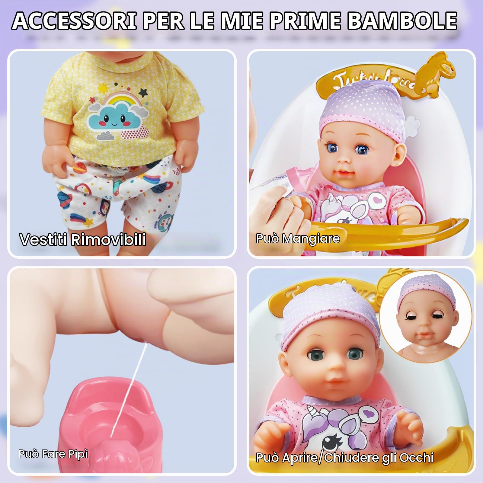 RedCrab Bambola con Accessori, 18 Pezzi Set Bambole per Bambina con Seggiolone, Vestiti, Biberon, Tettarella, Vasino e Pannolini, Giocattolo Regalo per Bambina 2 3 4 5 6 Anni