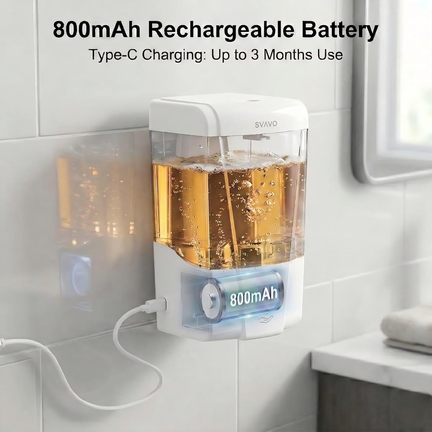 SVAVO Automatic Soap Dispenser Type-C Rechargeable - Commercial Wall Mount Hand Soap Dispenser for Restaurant, Kitchen & Bathroom, Electric Soap Pump for Office, 21 fl.oz for Liquid Soap, White