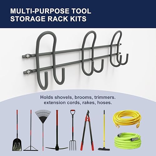 Miniatura 5 de Bastidores de almacenamiento de herramientas de montaje en pared, 3 piezas de acero resistente, organizador de herramientas de garaje, sistema de