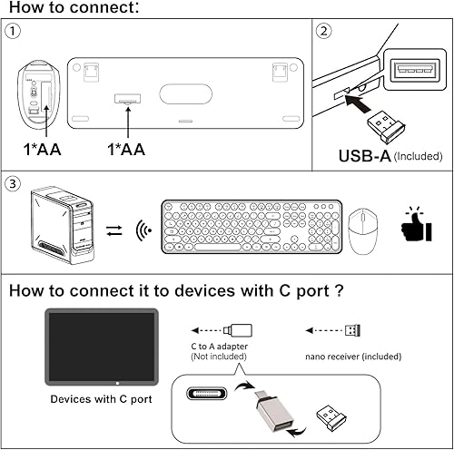 Miniatura 9 de MOFII Combo de mouse y teclado inalámbricos 2.4 GHz, tamaño completo, retro, con teclas numéricas y lindo mouse, para PC de escritorio, laptop,