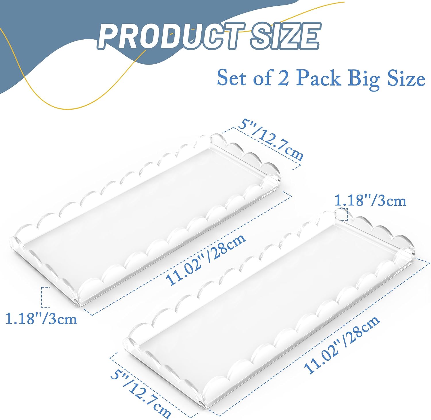 2 Pack Scalloped Acrylic Tray for Bathroom Clear Bathroom Trays for Counter Bathroom Toilet Tank Tray Organizer for Perfume, Soap, Towels, Tissue, Candle Decor Total 2PCS(Large: 11" L x 5" W, 2Pack)
