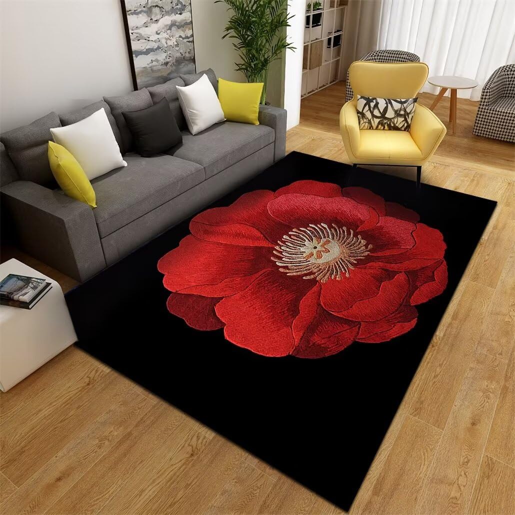 Tapis fin facile à nettoyer moquette noire de salon motif fleurs 100x210