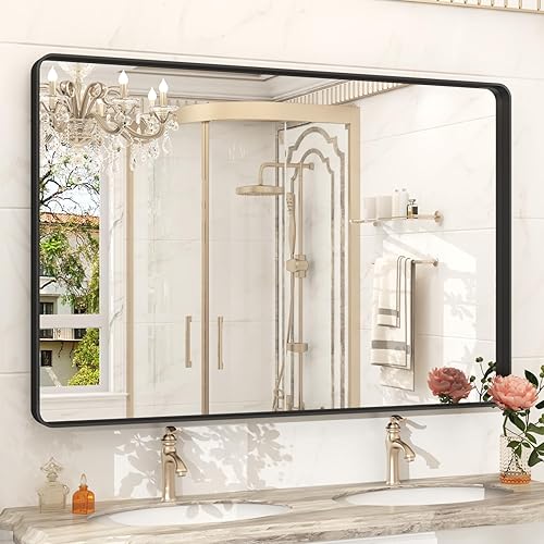 Miniatura 66 de Espejo de baño con marco negro de 20 x 30 pulgadas para pared, espejo de pared con marco de metal mate, espejo rectangular de esquina redondeada