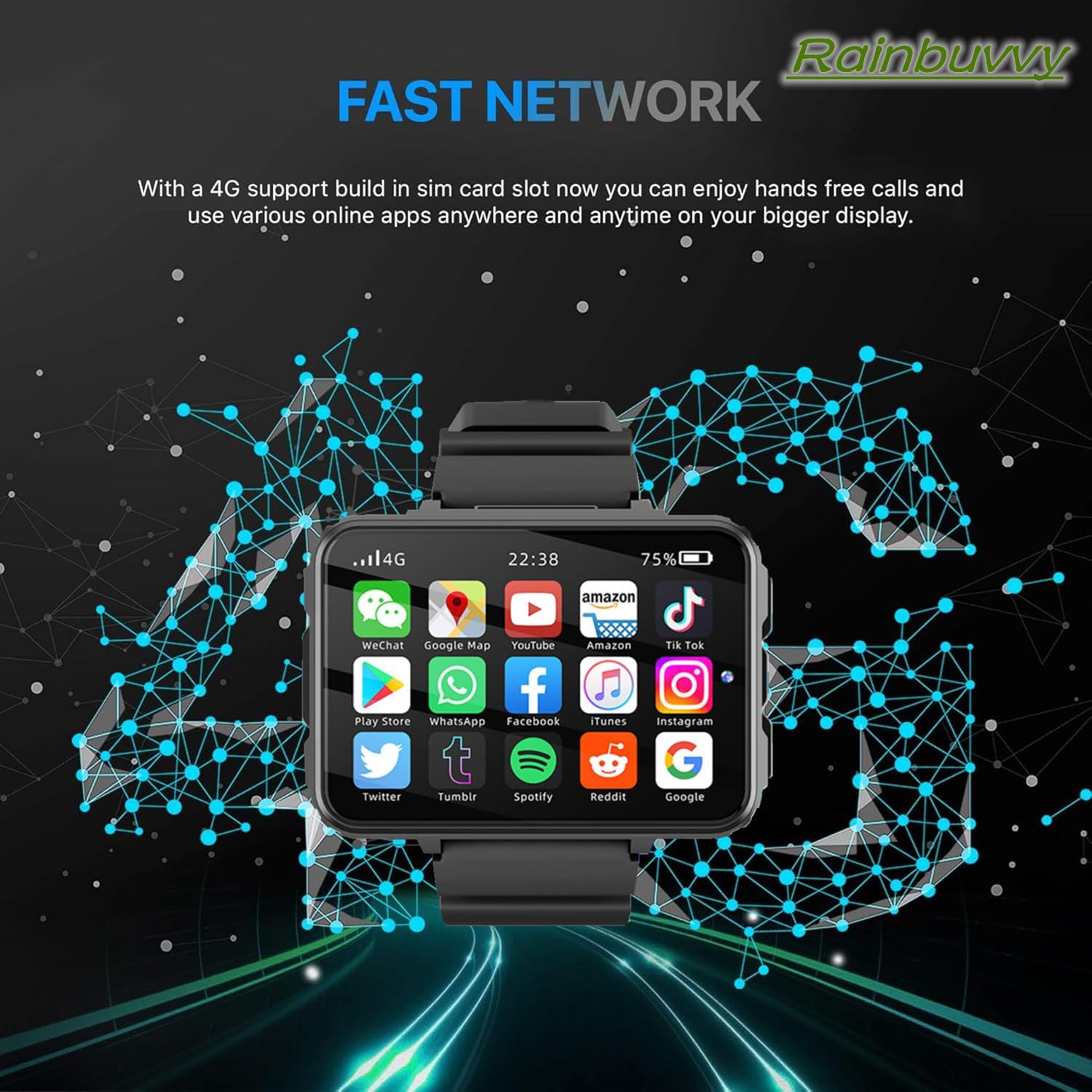 Smartwatch display showing various applications like YouTube, Amazon, TikTok